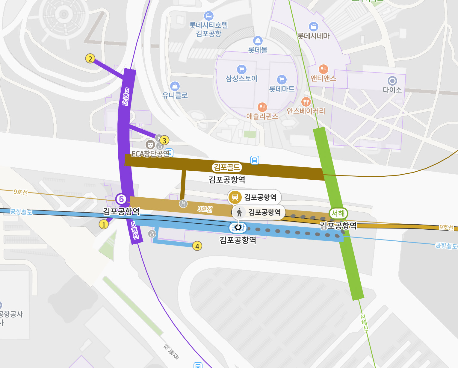 「金浦空港駅」で、空港鉄道から地下鉄9号線に乗り換える