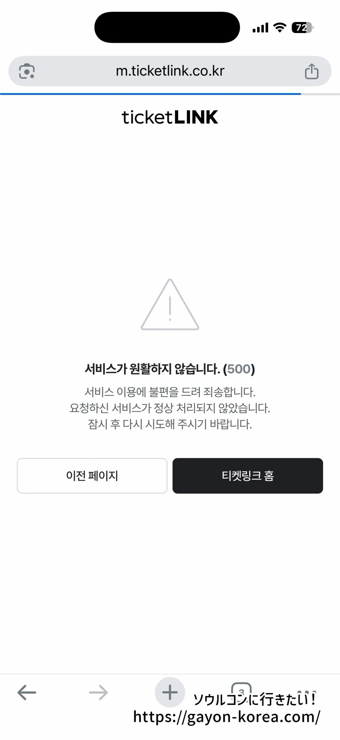 本人認証完了後に表示されたTicketlinkの500エラー画面