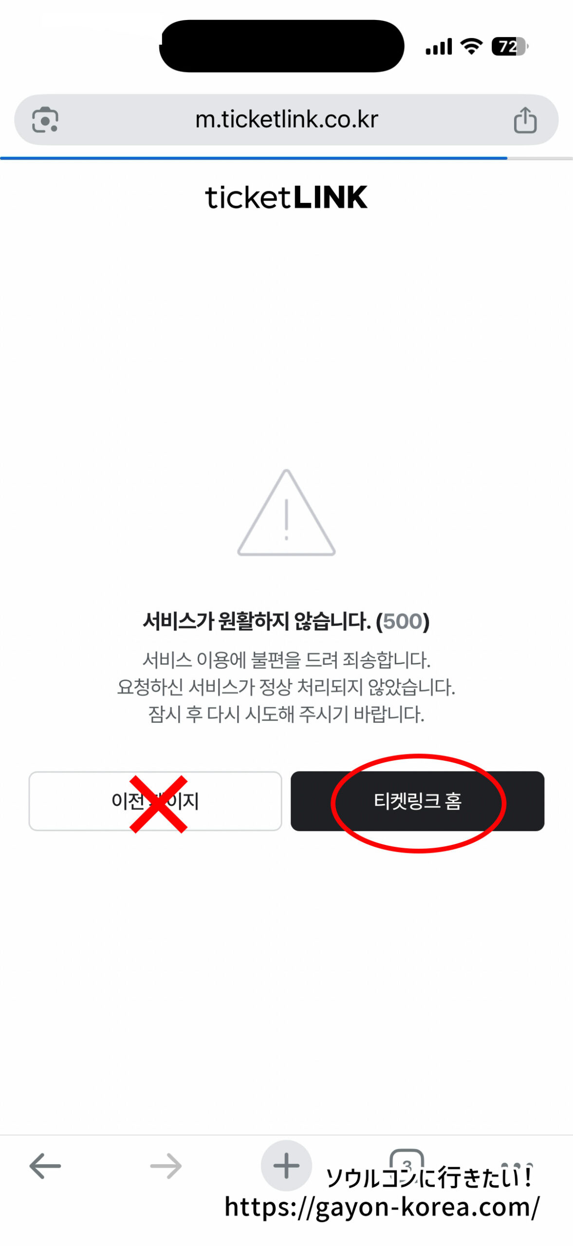 本人認証完了後に表示されたTicketlinkの500エラー画面