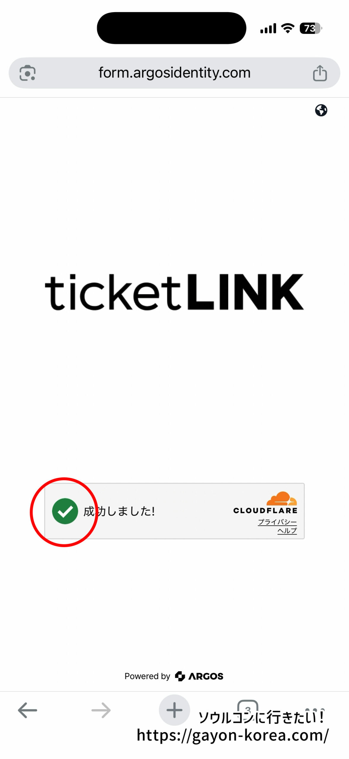Cloudflare確認が完了し「成功しました！」と表示された画面