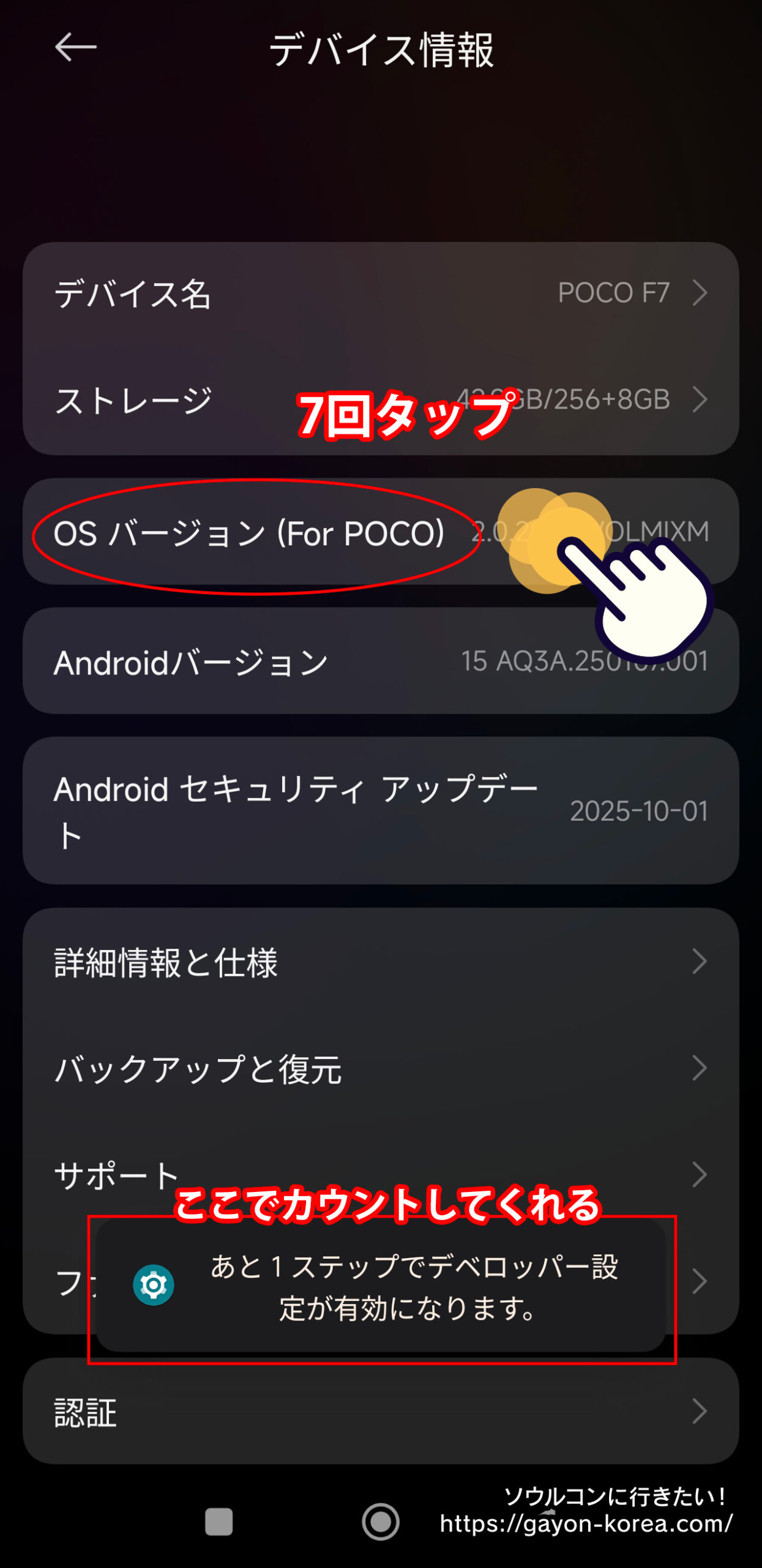 Android設定アプリの「端末情報」にある「OS」を7回タップする