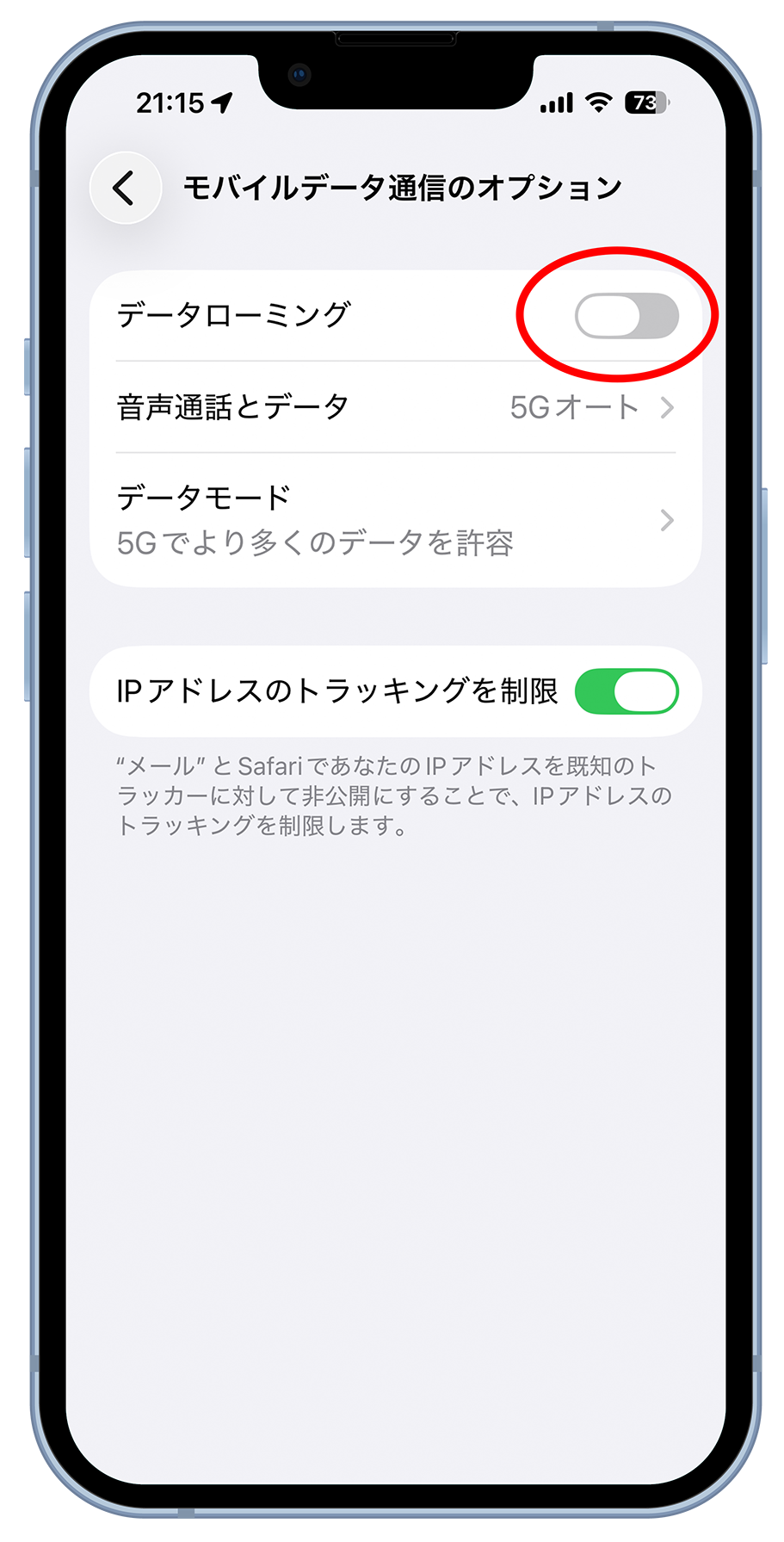 iPhoneの設定アプリでデータローミングをオンにする