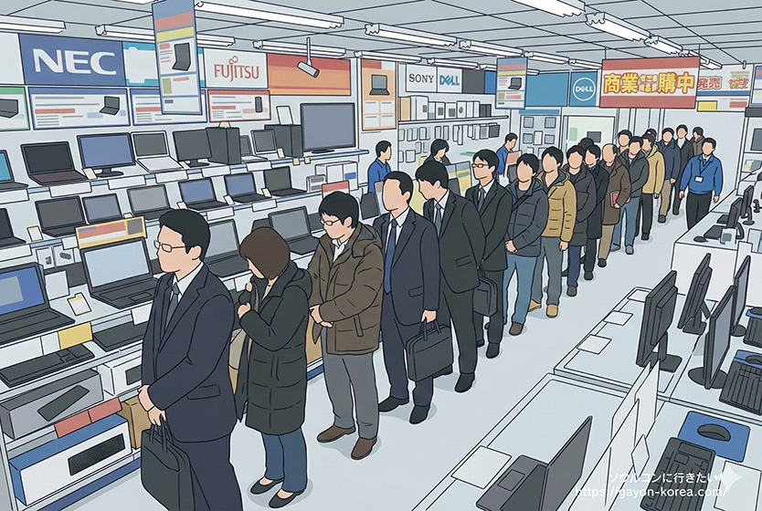 家電量販店のパソコン売り場にできる行列