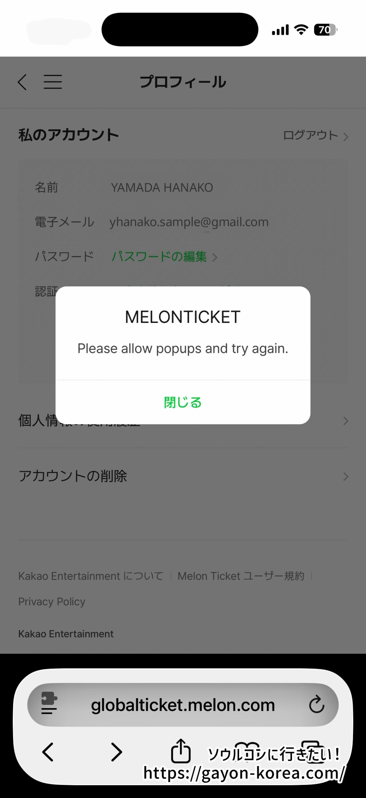 メロンチケット本人認証：ポップアップブロックエラー画面「Please allow popups and try again.」