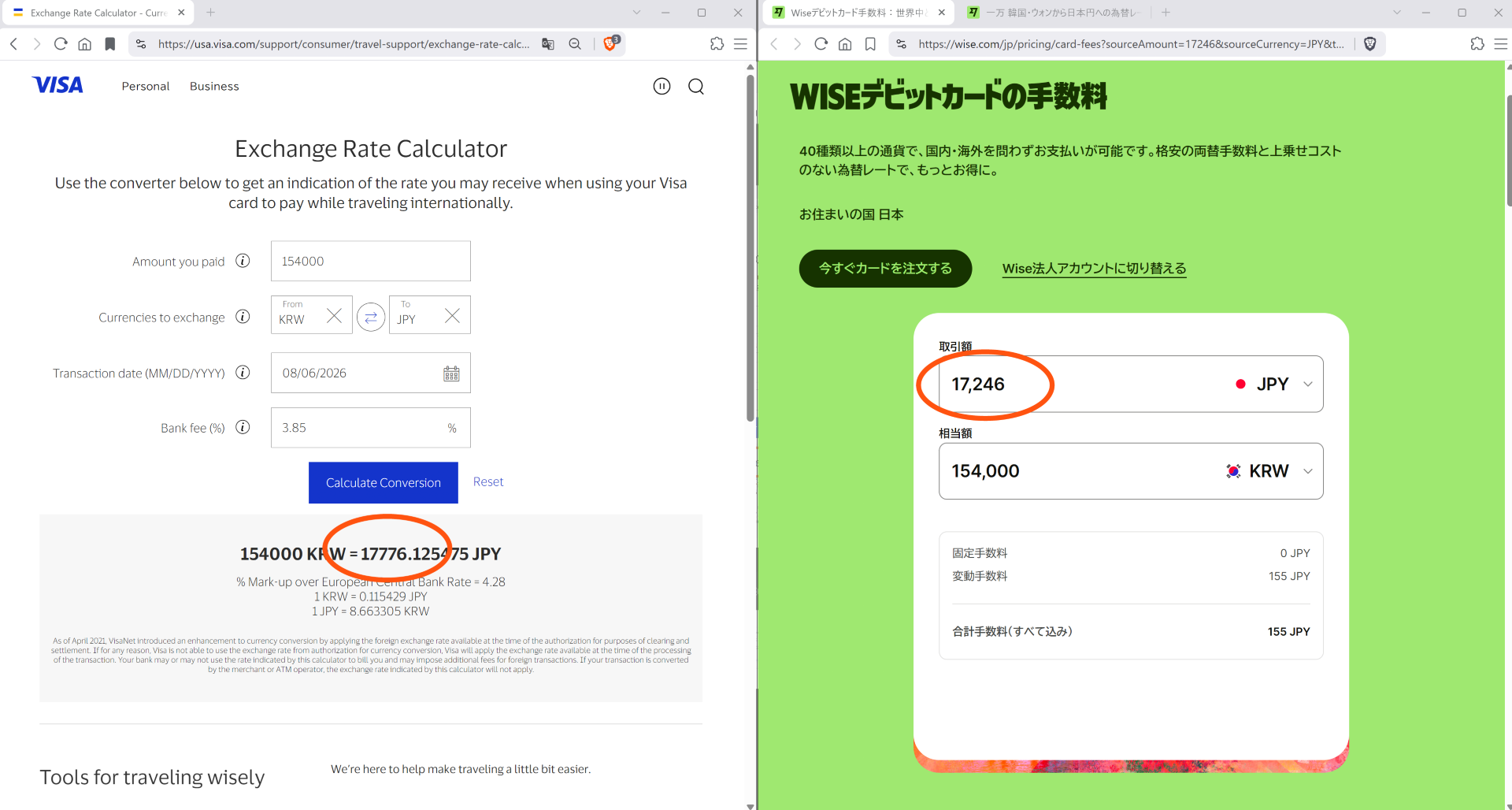 クレカとwiseの手数料比較図