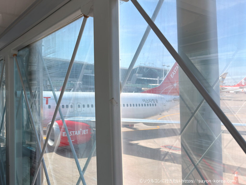 旅客搭乗橋から見えるイースター航空の機体